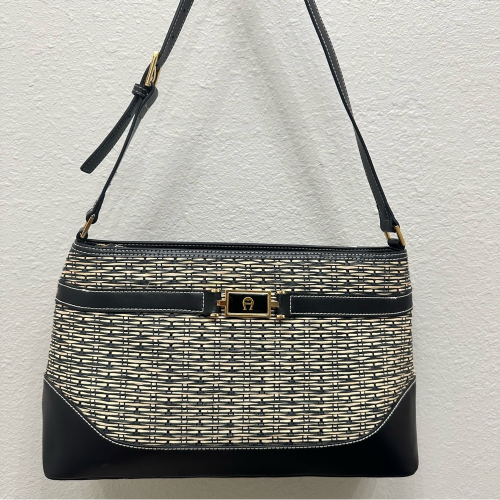 Etienne Aigner Black Tan Black Jute Shoulder Bag Purse